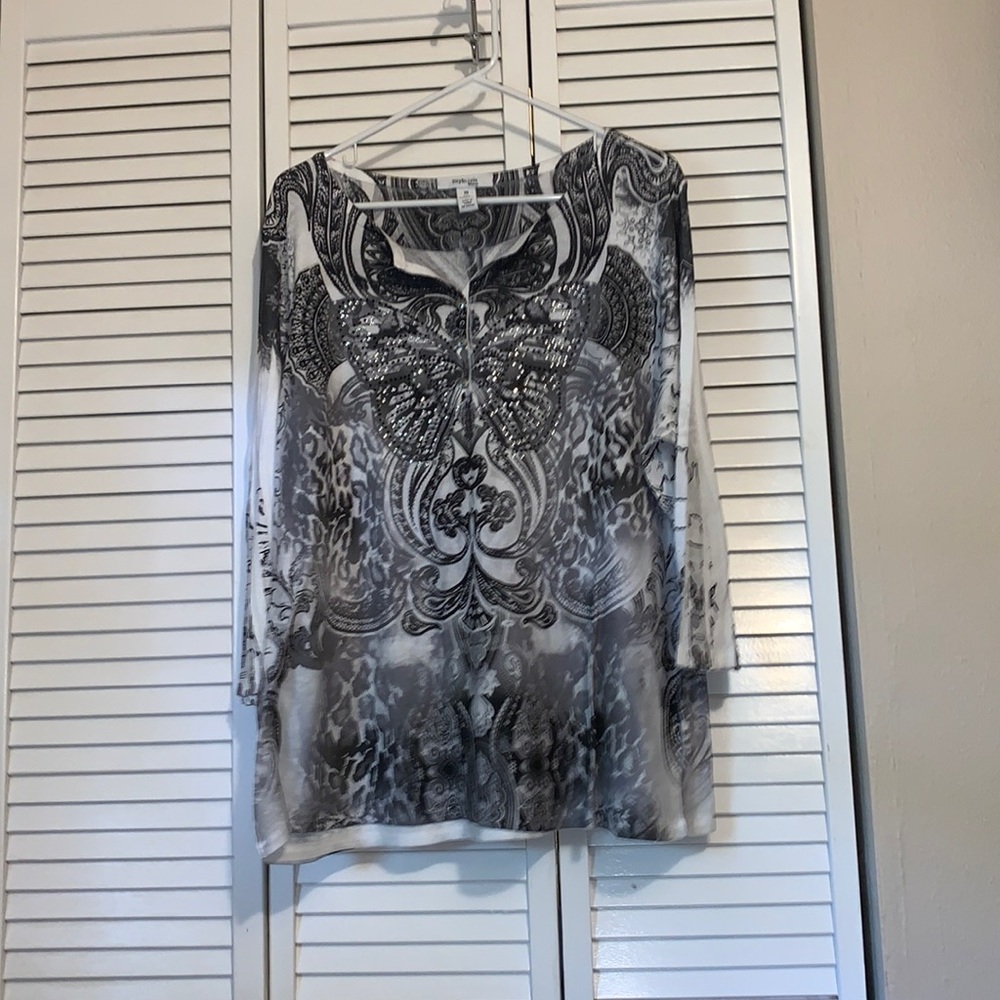 Women's Black and White Embellished Top